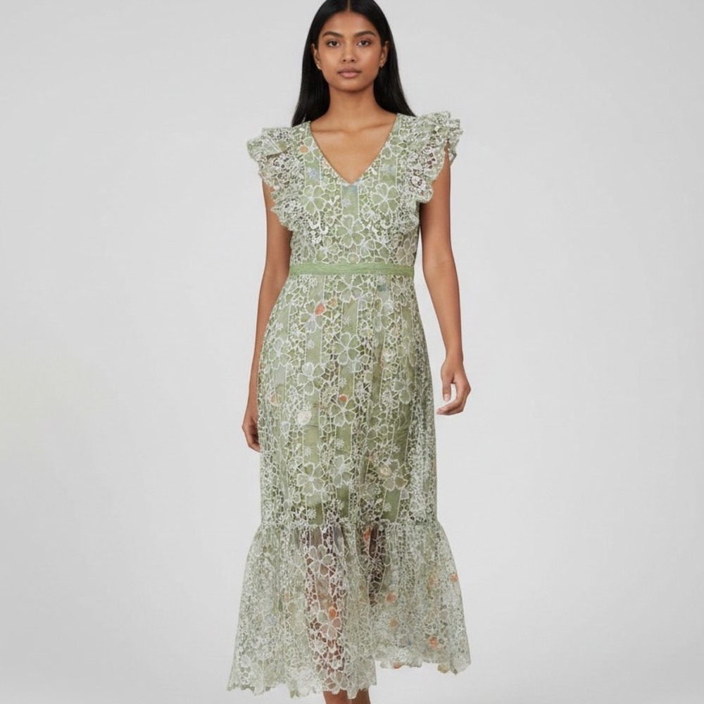 Just Me Gayle Green Crochet Lace Dress Floral Ruffle Midi V-Neck 16016GR10044DD